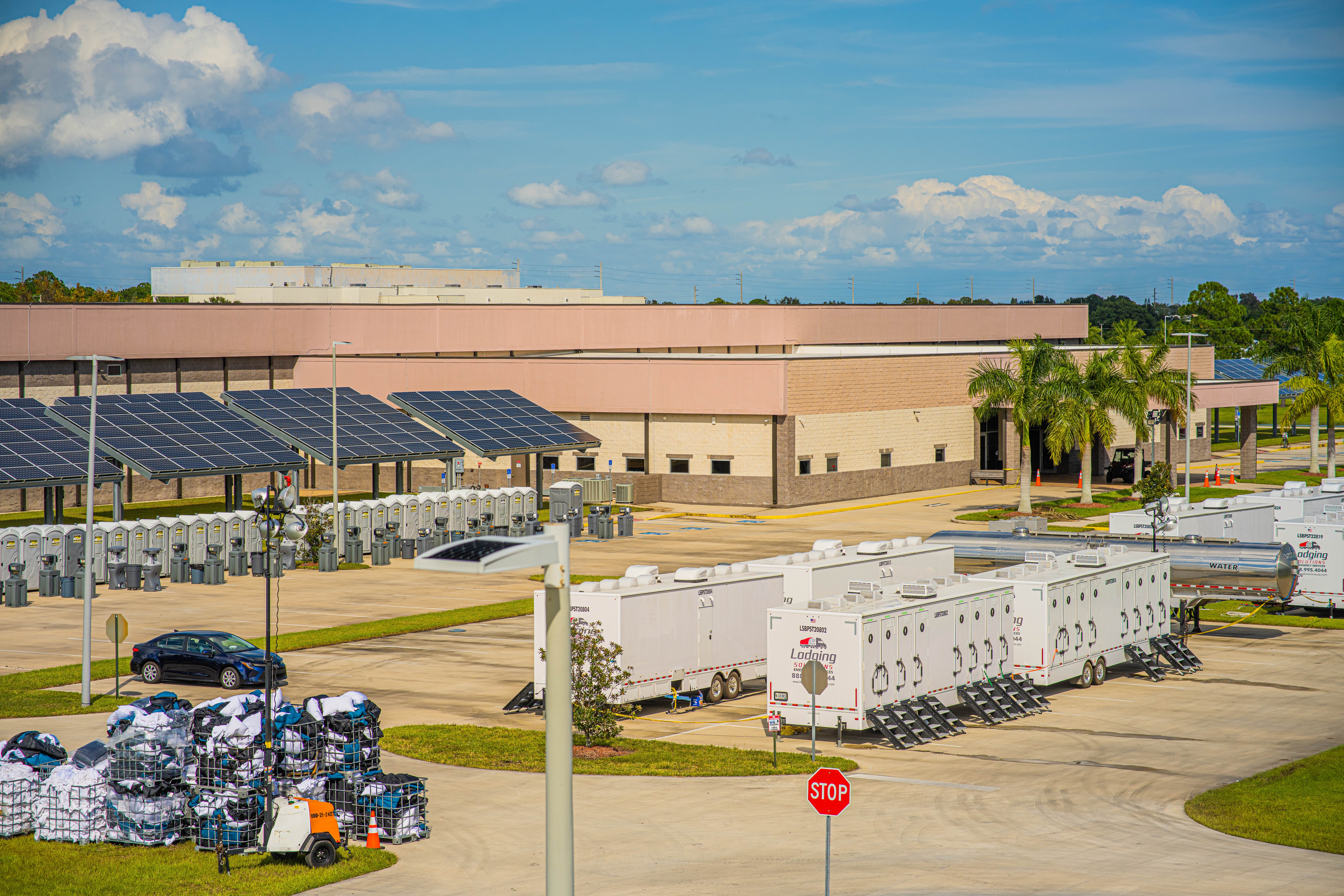 Lodging Solutions and Industrial Tent Systems Hurricane Ian Recovery Project Highlight - Mobile Restroom and Shower Trailers